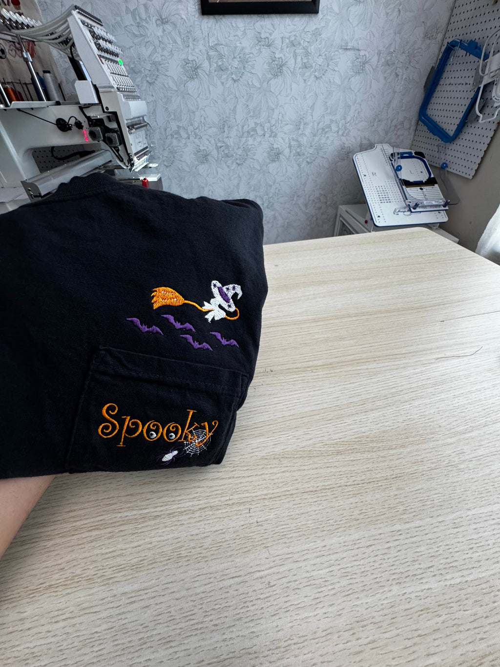 Halloween Pocket Tee Embroidery Design Bundle – Flying Witch & "Spooky" Spider Web Duo Files