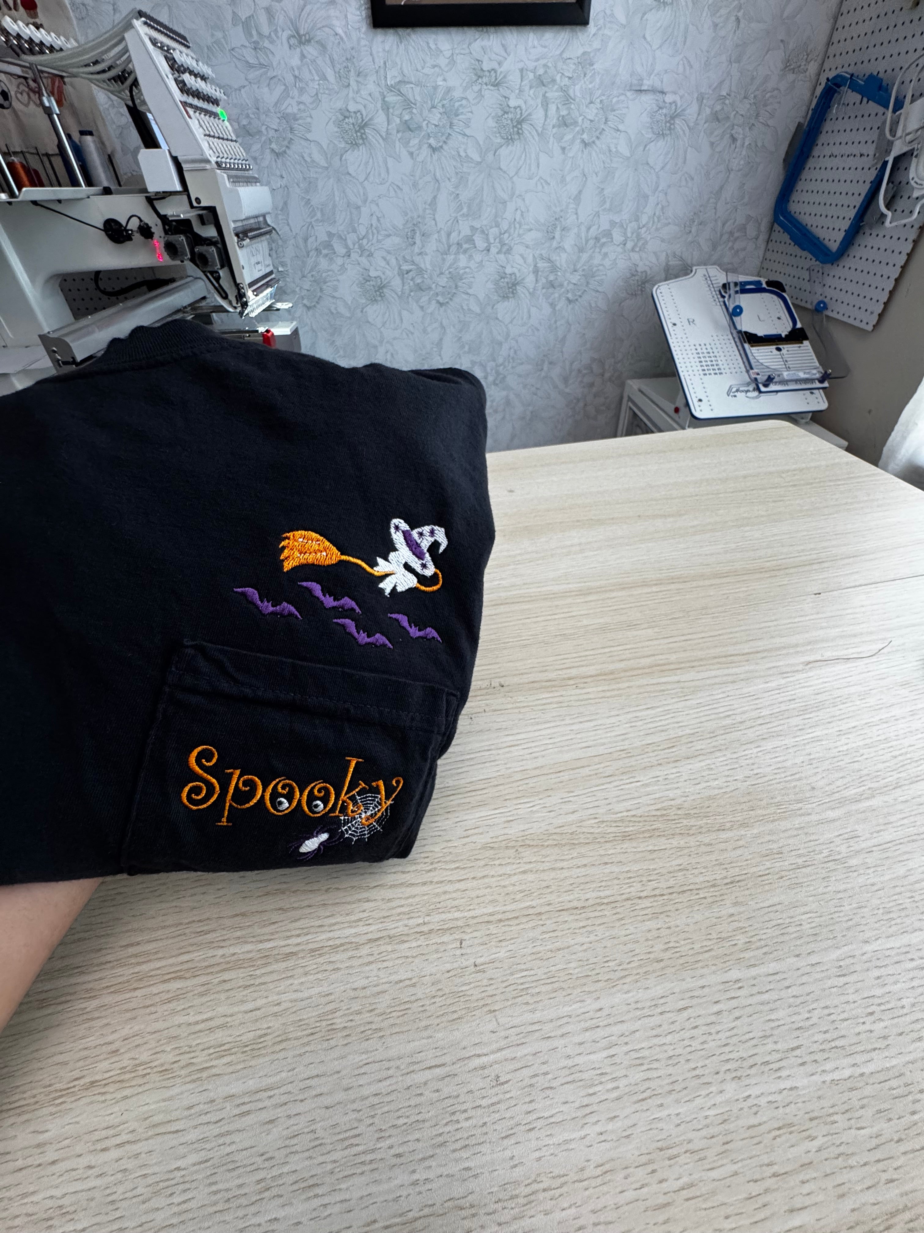 Halloween Pocket Tee Embroidery Design Bundle – Flying Witch & "Spooky" Spider Web Duo Files