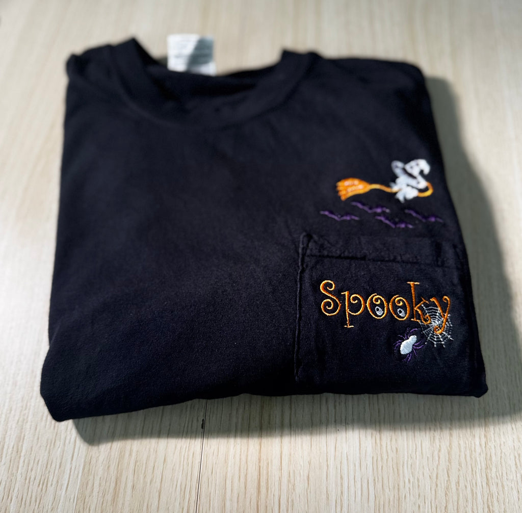Halloween Pocket Tee Embroidery Design Bundle – Flying Witch & "Spooky" Spider Web Duo Files