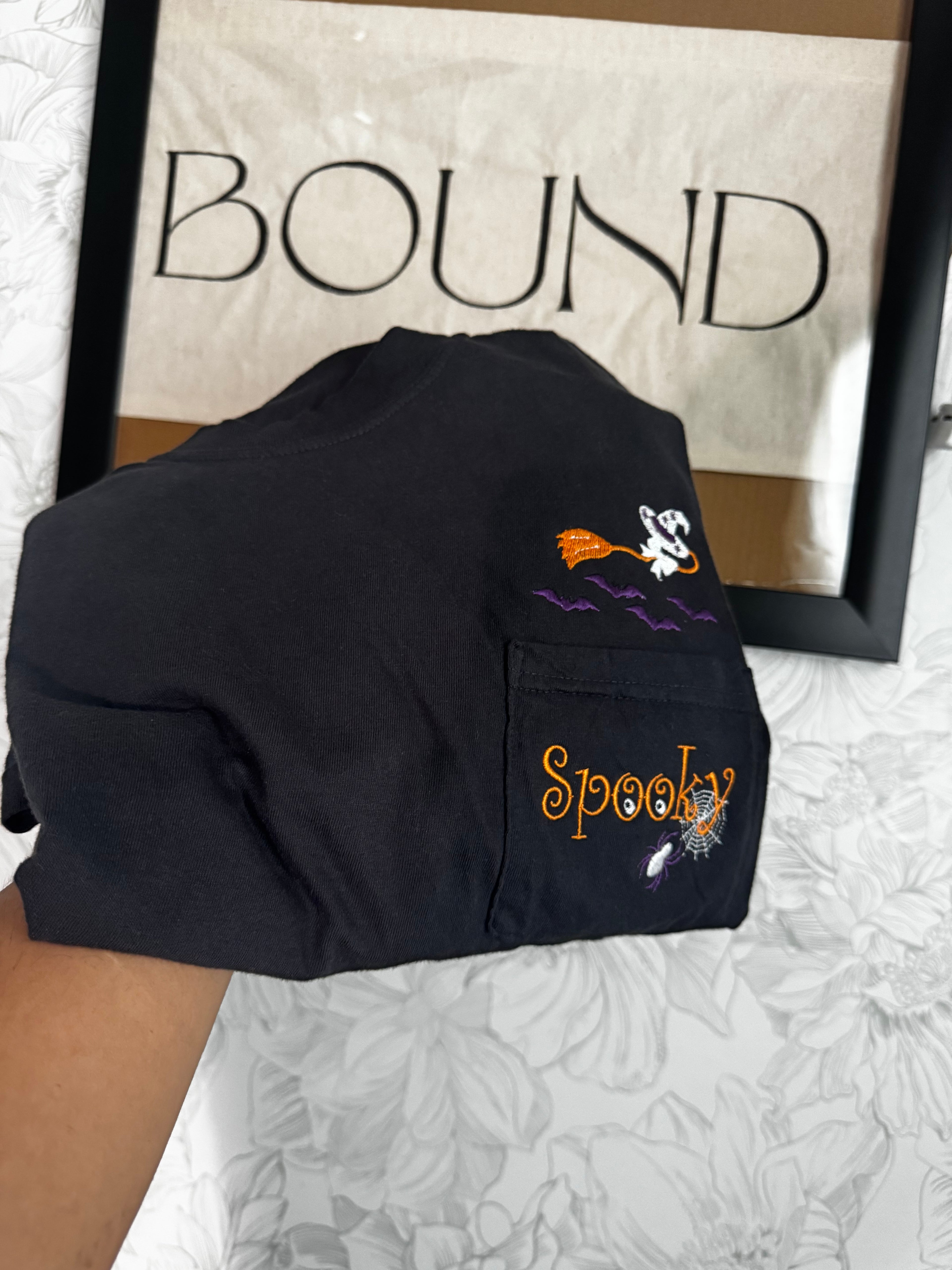 Halloween Pocket Tee Embroidery Design Bundle – Flying Witch & "Spooky" Spider Web Duo Files