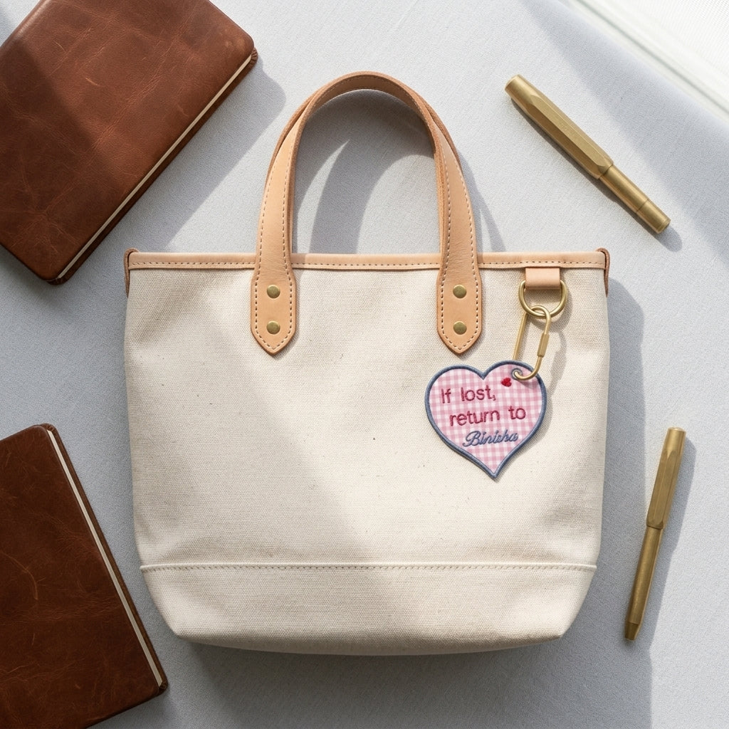 Personalized 'If lost, return to Binisha' embroidered heart bag tag on pink gingham with blue border. A bag with this tag on.