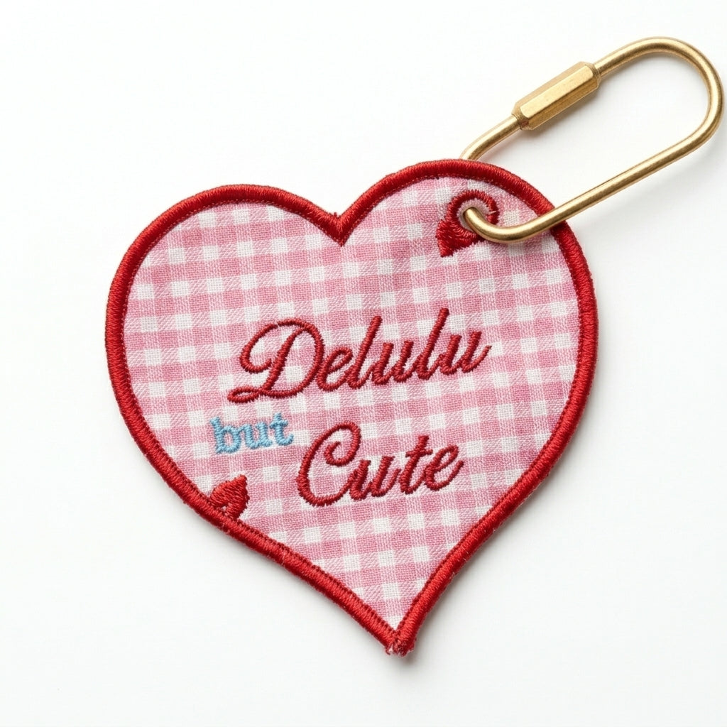 "Delulu But Cute embroidered pink gingham heart bag tag with gold hardware."